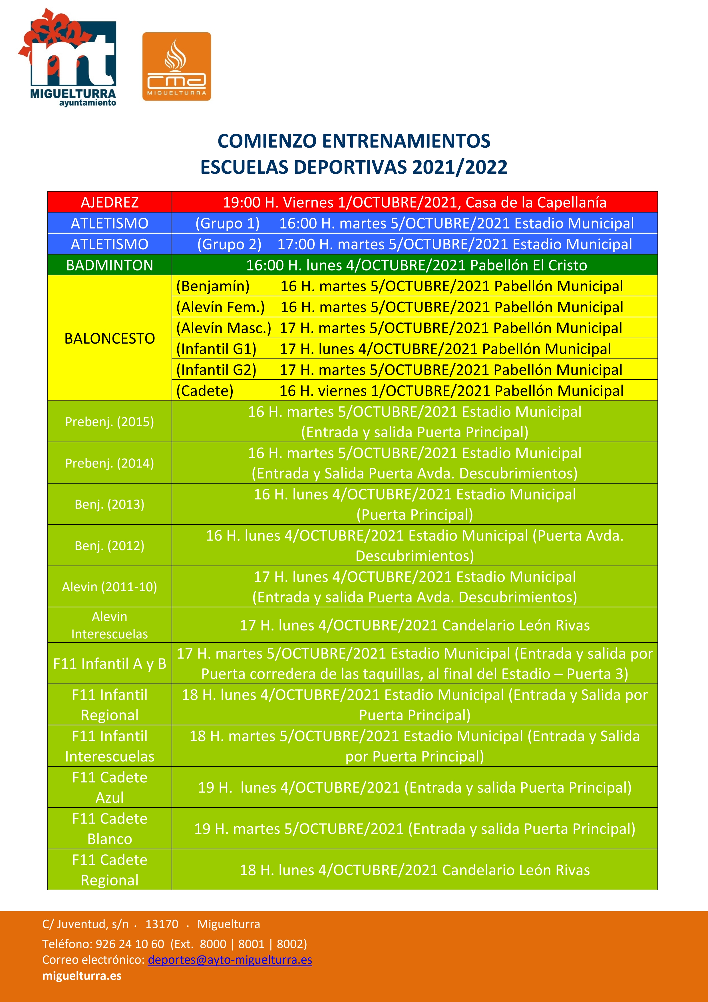imagen información entrenamientos Escuelas Deportivas de Miguelturra 2021-2022, página 1
