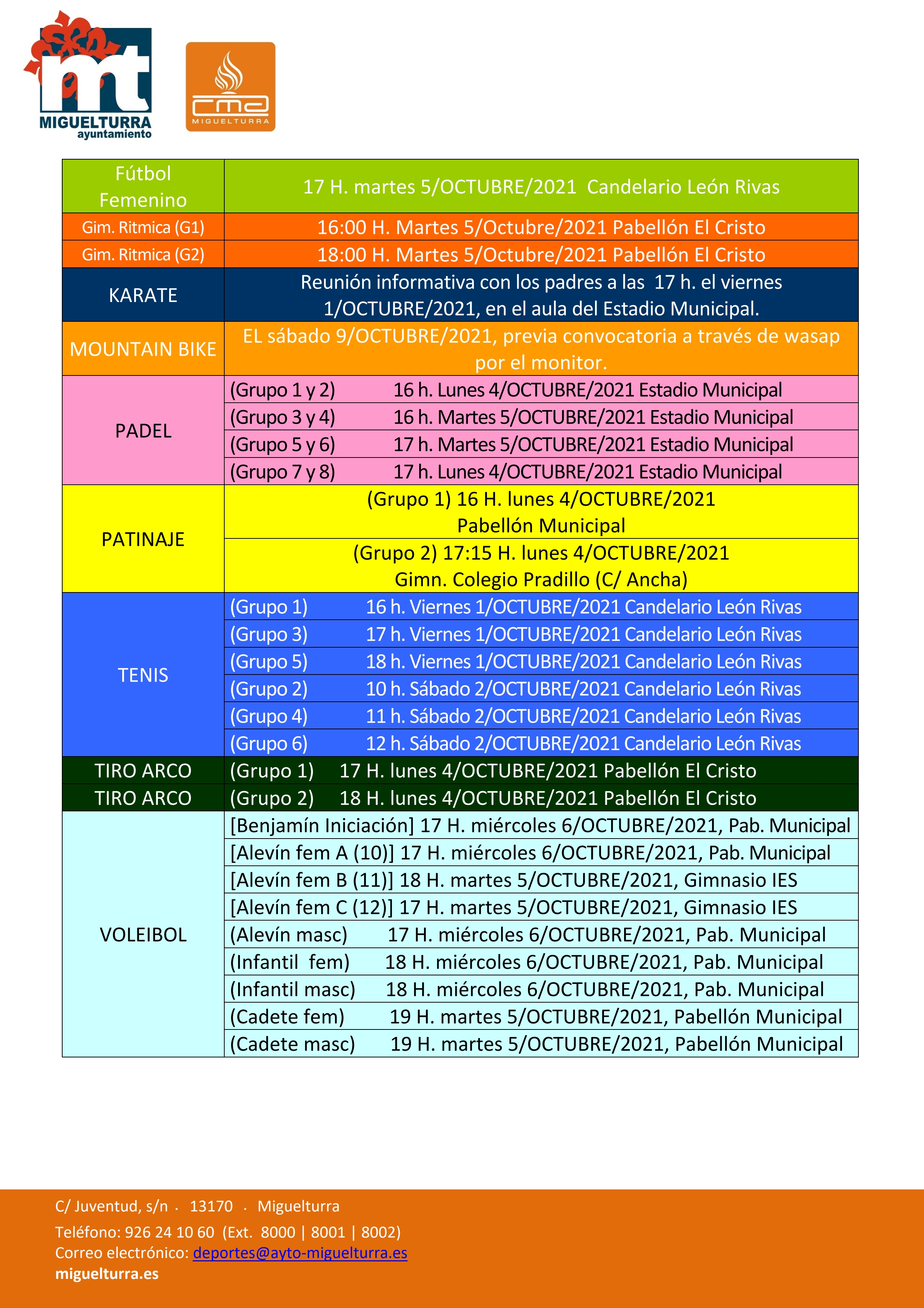 imagen información entrenamientos Escuelas Deportivas de Miguelturra 2021-2022, página 2