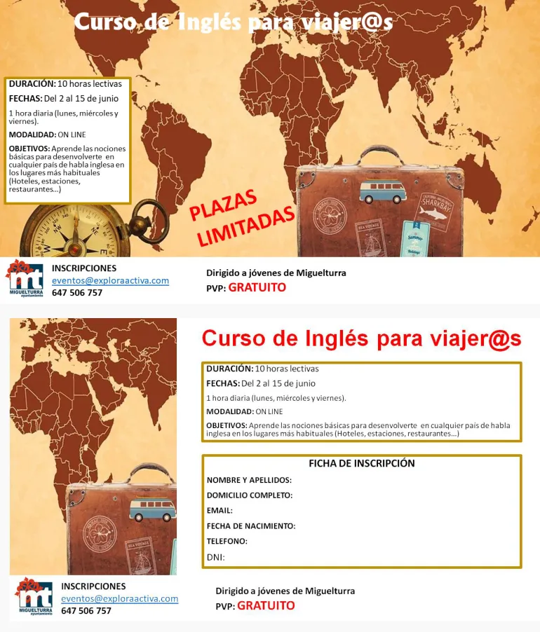 curso imagen cartel y formulario inscripción curso inglés online, junio 2020