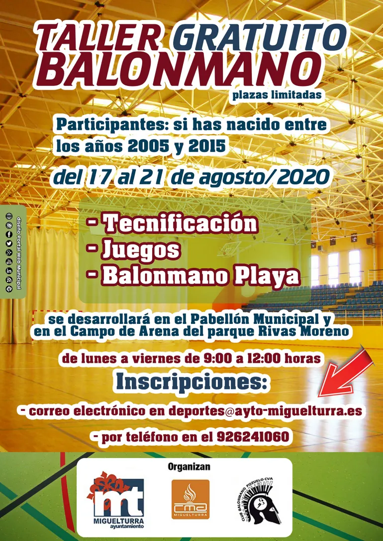 imagen del cartel del taller gratuito de balonmano, agosto 2020 Miguelturra