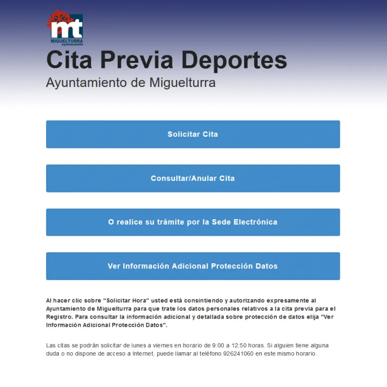imagen captura pantalla cita previa zona Deportes, junio 2020