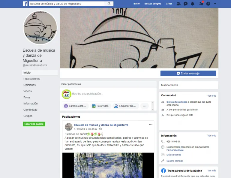 imagen captura pantalla del Facebook de la Escuela de Música y Danza de Miguelturra, junio 2020