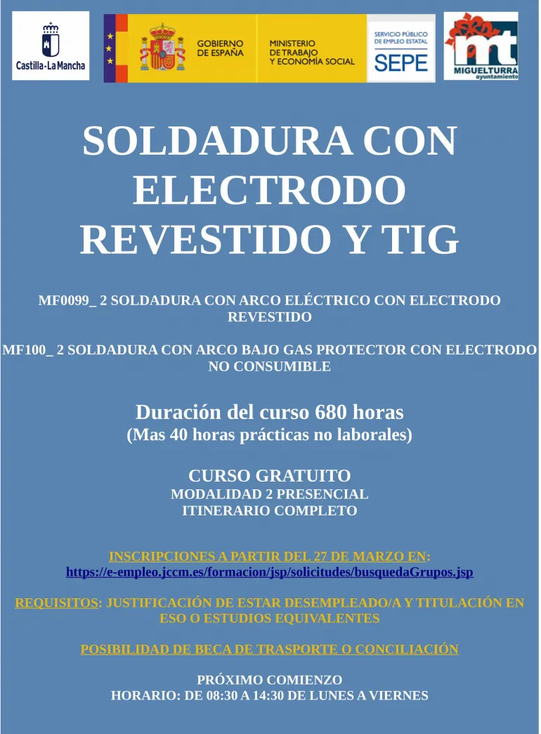 imagen del cartel del curso de soldadura, Miguelturra marzo de 2021