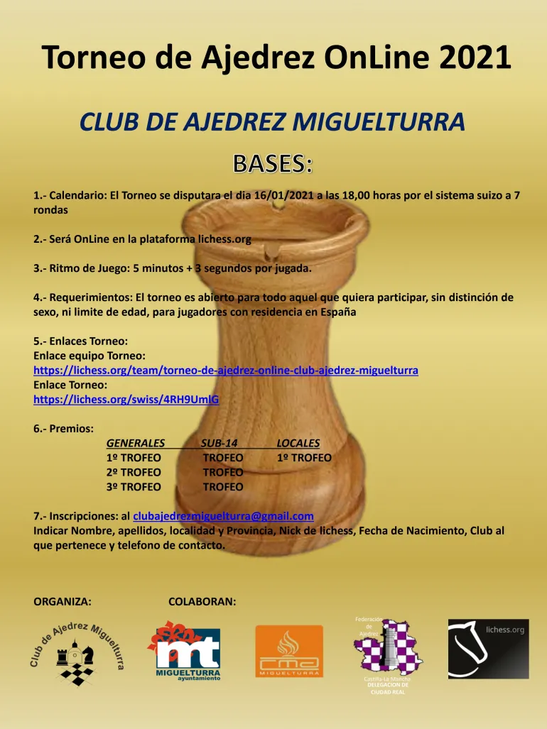 imagen del cartel del torneo de ajedrez online, enero 2021 Miguelturra