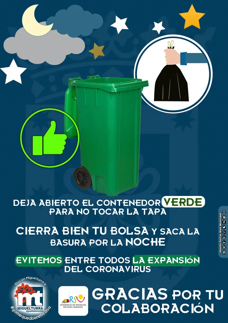 imagen cartel campaña de no depositar la basura por la noche y no cerrar los contenedores, Covid19, Miguelturra