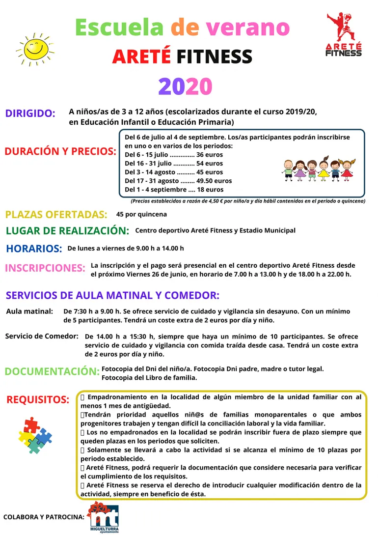 imagen del cartel informativo del Aula de Verano Areté Fitness 2020 Miguelturra