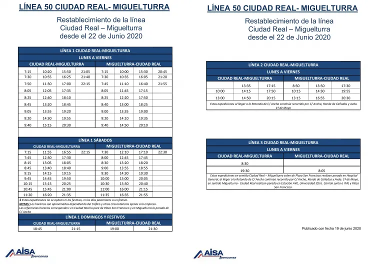 imagen de los horarios de autobuses interurbanos, 22 junio 2020