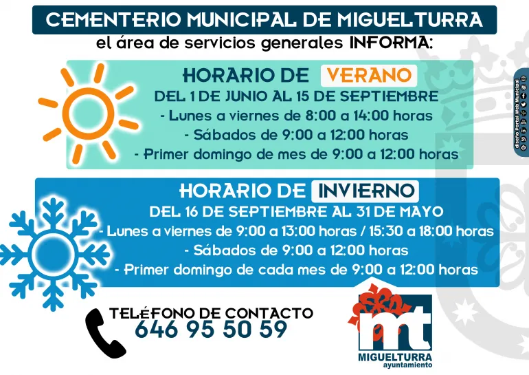 imagen cartel con los horarios del Cementerio, invierno y verano, diseño portal  web