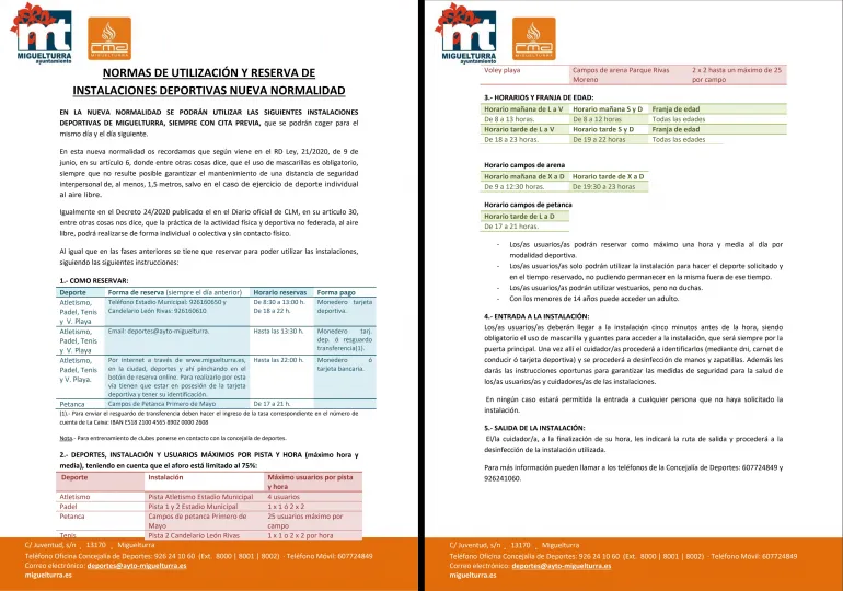 imagen de las normas de reserva de instalaciones deportivas Miguelturra, 23 de junio de 2020