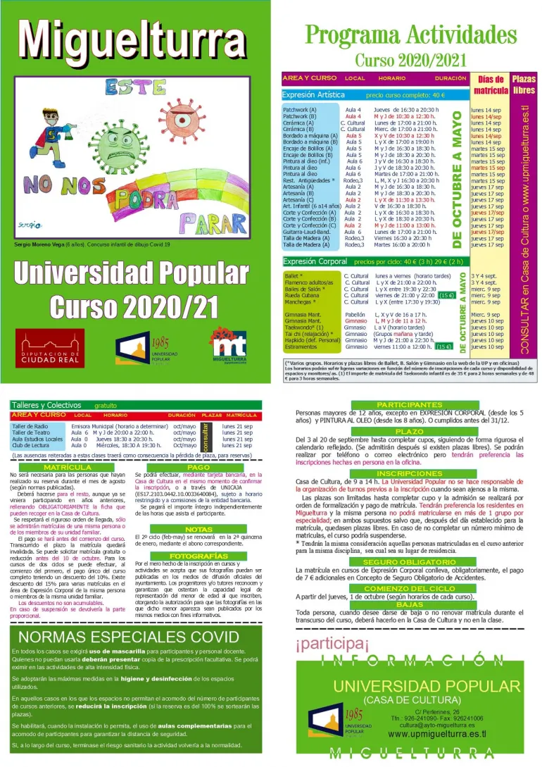 imagen del programa de la Universidad Popular de Miguelturra, matrícula 2020-2021