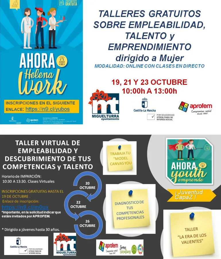 imagen promocional de los cursos online de Aprofem y Ayuntamiento de Miguelturra, octubre 2020