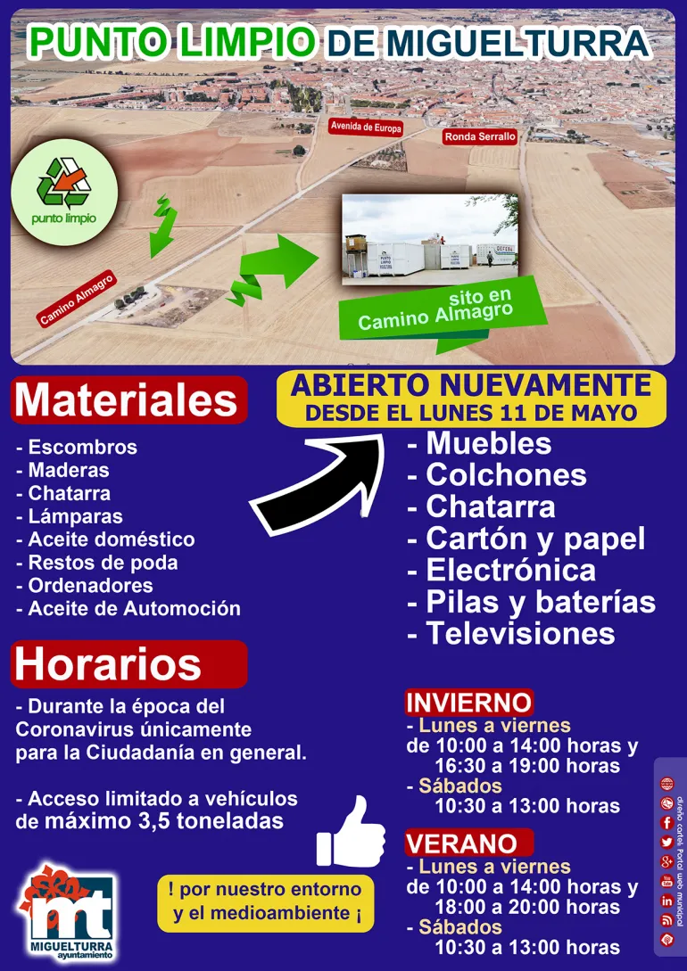 imagen cartel de la reapertura del Punto Limpio de Miguelturra, mayo 2020, diseño portal web municipal