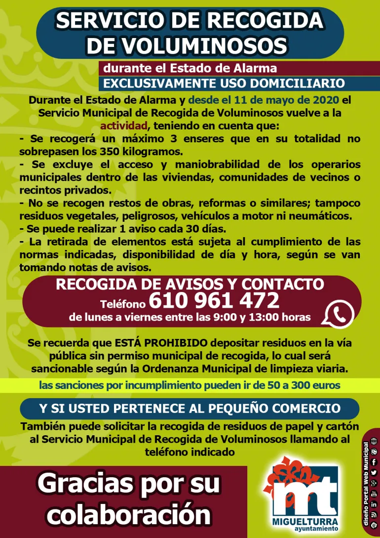 imagen cartel Servicio Recogida Voluminosos, mayo 2020, diseño portal web municipal