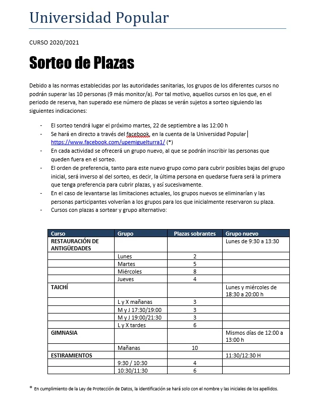 imagen del comunicado de la Universidad Popular, septiembre 2020