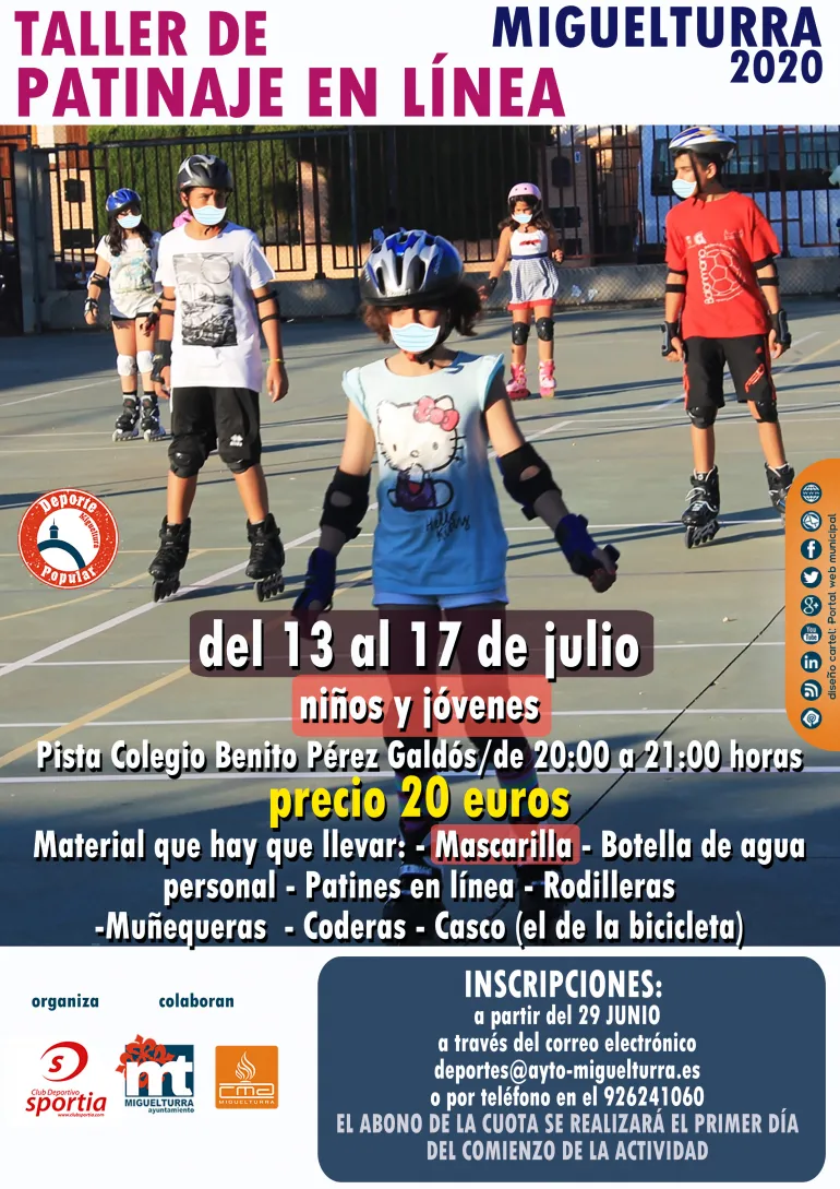 imagen cartel taller patinaje, julio 2020 Miguelturra, diseño cartel portal web municipal