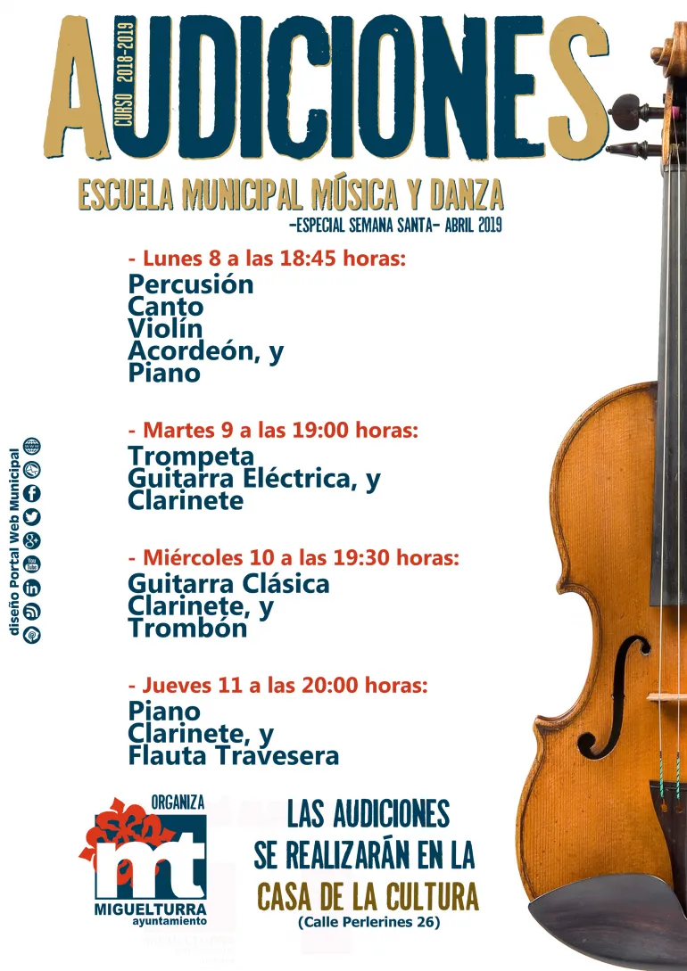 imagen cartel Audiciones Semana Santa Escuela Música Miguelturra 2019, diseño cartel portal web municipal