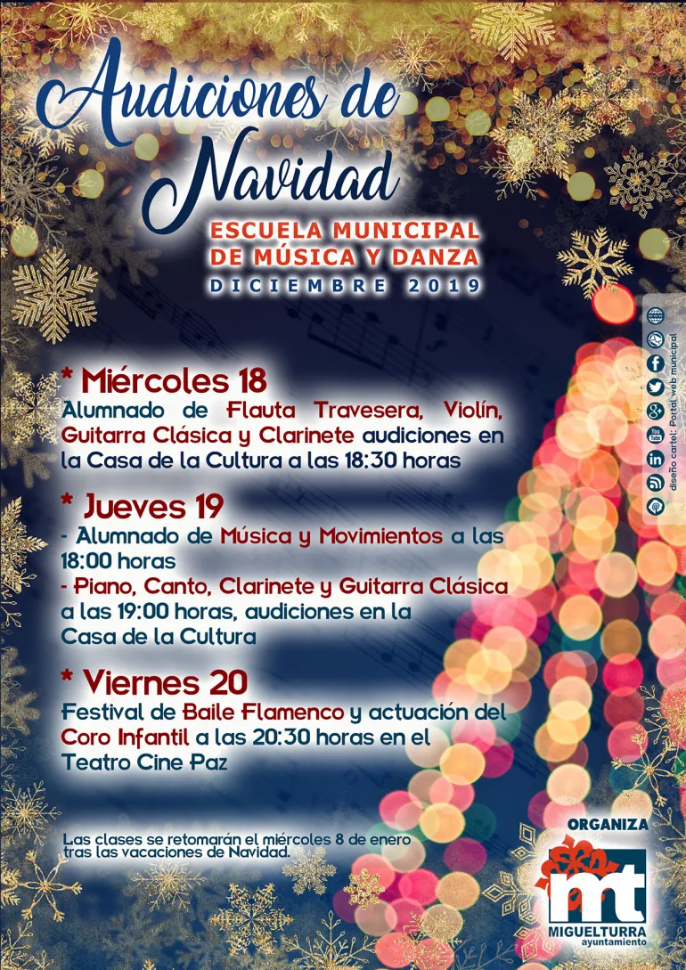 imagen cartel Audiciones Navidad 2019 Escuela de Música y Danza Miguelturra, diseño cartel portal web municipal