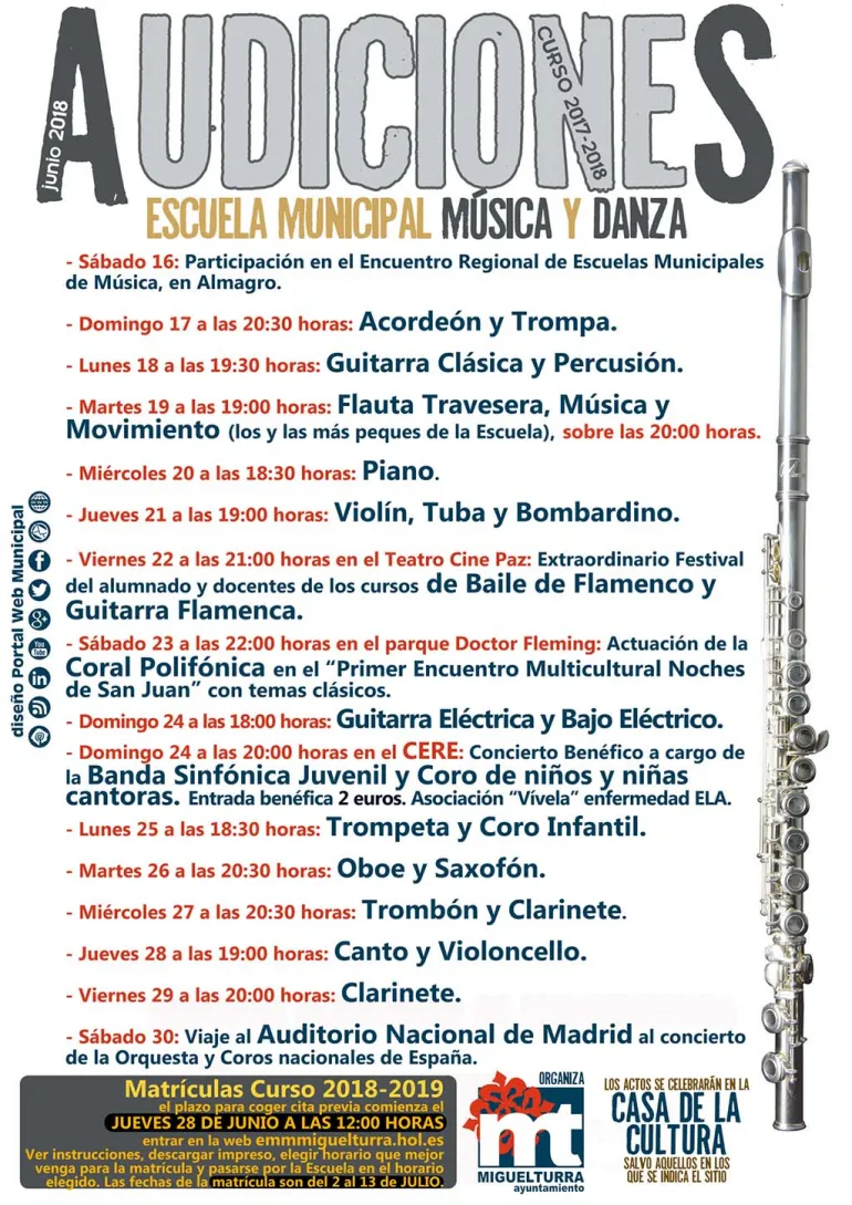 imagen del cartel anunciador de las actividades de fin de curso Escuela de Música 2017-2018, diseño cartel Portal web municipal