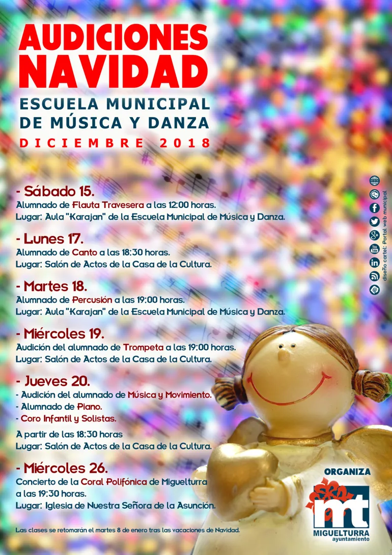 imagen del cartel anunciador de las Audiciones de Navidad Escuela de Música y Danza Miguelturra 2018, diseño cartel portal web municipal