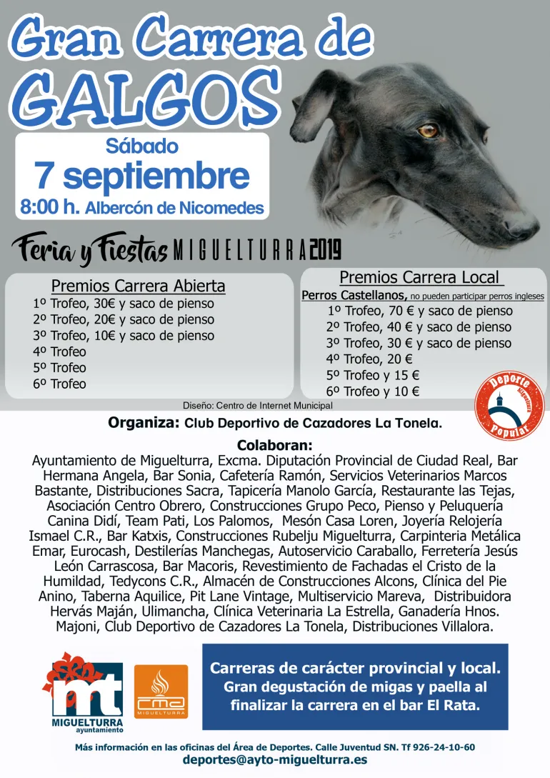 evento imagen cartel Gran Carrera Galgos especial Ferias 2019 Miguelturra, diseño Centro de Internet