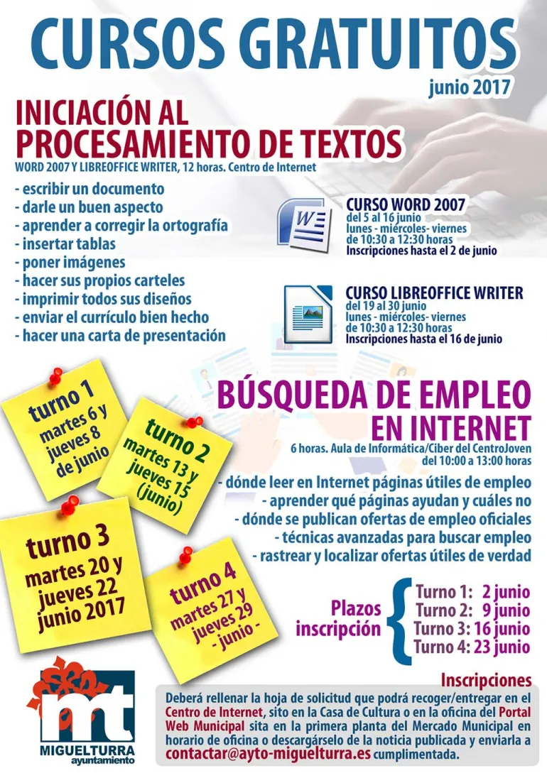 imagen del cartel que publicita los cursos del área de Nuevas Tecnologías del Ayuntamiento de Miguelturra, junio 2017, diseño portal web municipal