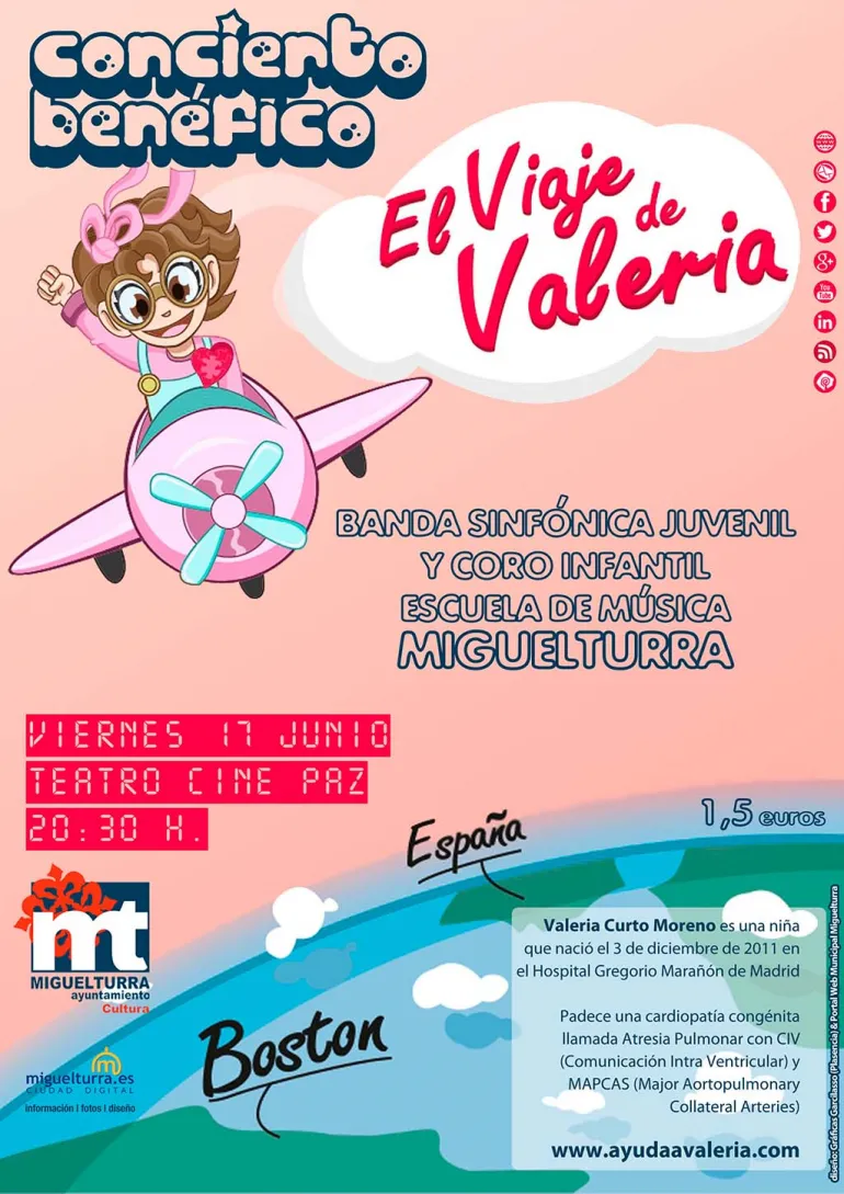 agenda imagen cartel concierto benéfico a favor de Valeria Curto, junio 2016, diseño cartel portal web municipal y Graficas Garcilaso de Plasencia