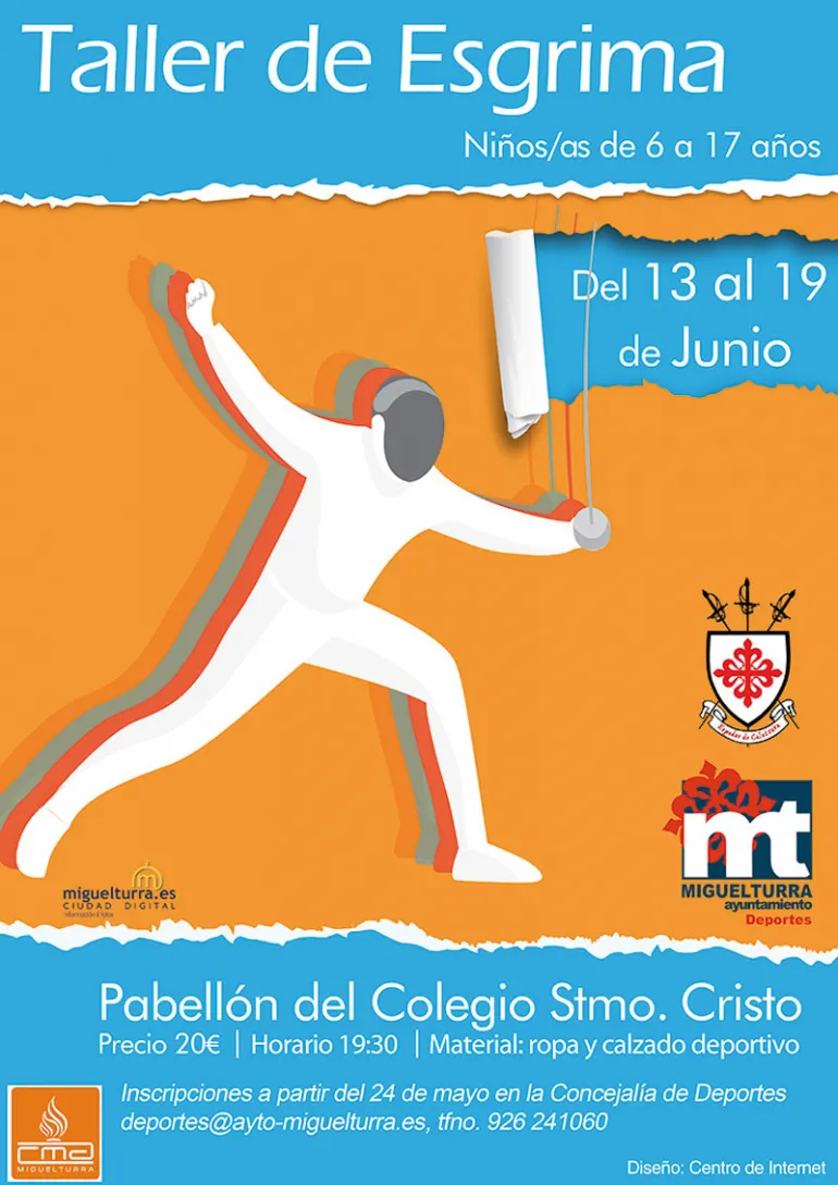 imagen del cartel diseñado por el Centro de Internet de Miguelturra para publicitar el taller de esgrima de junio de 2016