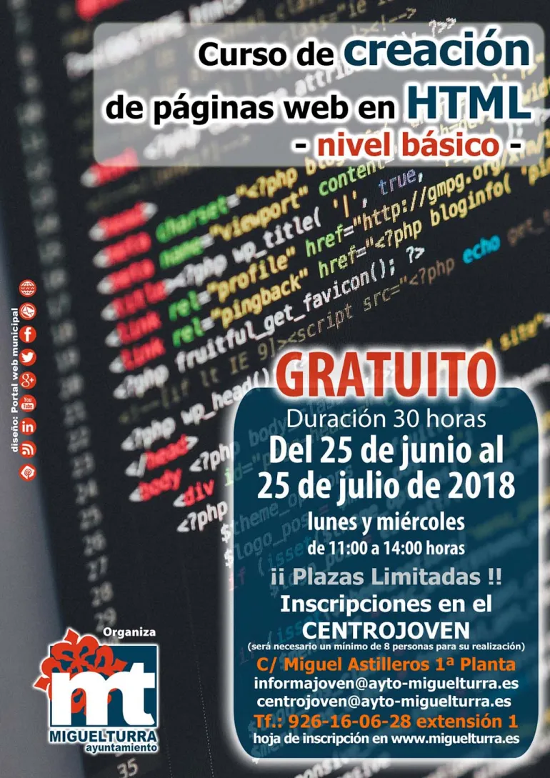 imagen cartel Curso gratuito creación de páginas webs en html, junio 2018, diseño cartel Portal web municipal