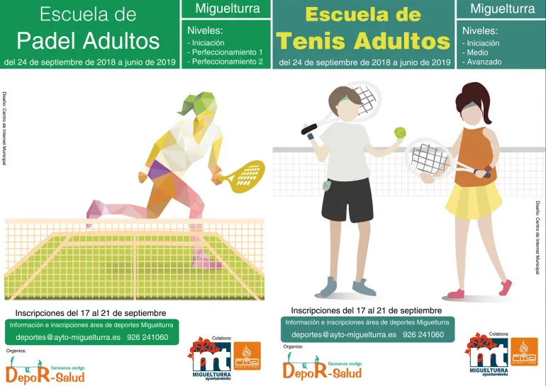 imagen de sendos carteles sobre las Escuelas de personas adultas de pádel y tenis 2018-2019, diseño Centro de Internet