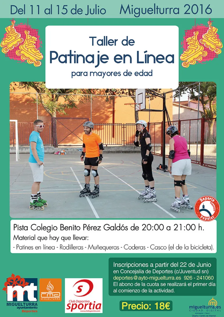 imagen del cartel del taller de patinaje en línea personas adultas, julio 2016, diseño cartel Centro de Internet Miguelturra