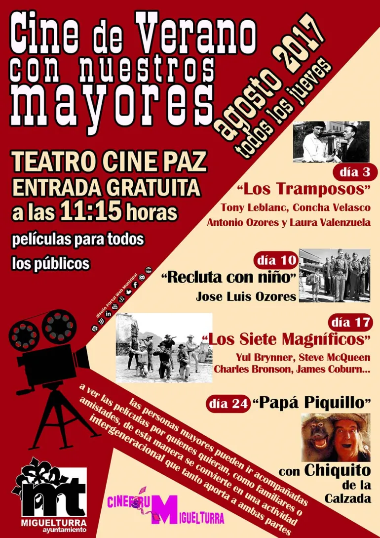 imagen del cartel del cine agosto 2017, área de Mayores Miguelturra, diseño  cartel Portal web municipal 