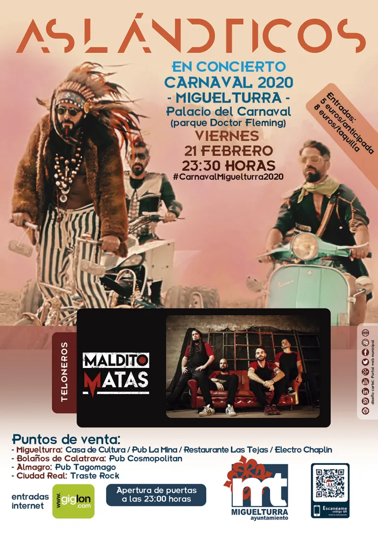 evento imagen del cartel anunciador del concierto de Aslándticos, Carnaval 2020, diseño cartel portal web municipal