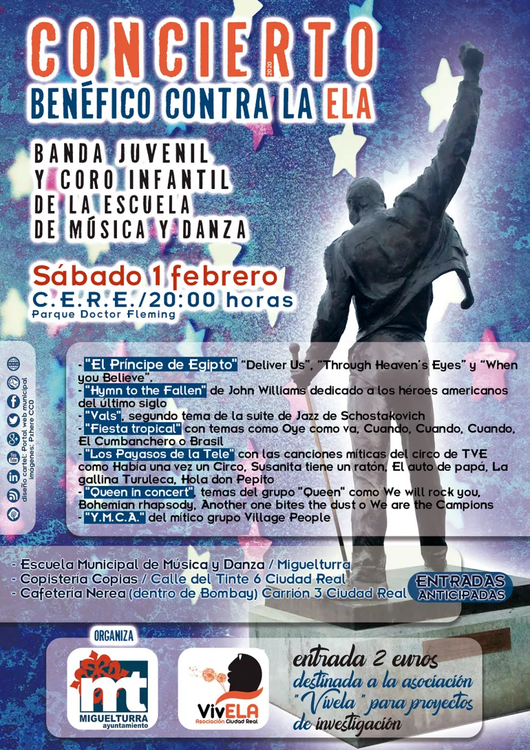 evento imagen del cartel anunciador del concierto benéfico del 1 de febrero de 2020 en Miguelturra, diseño cartel portal web municipal