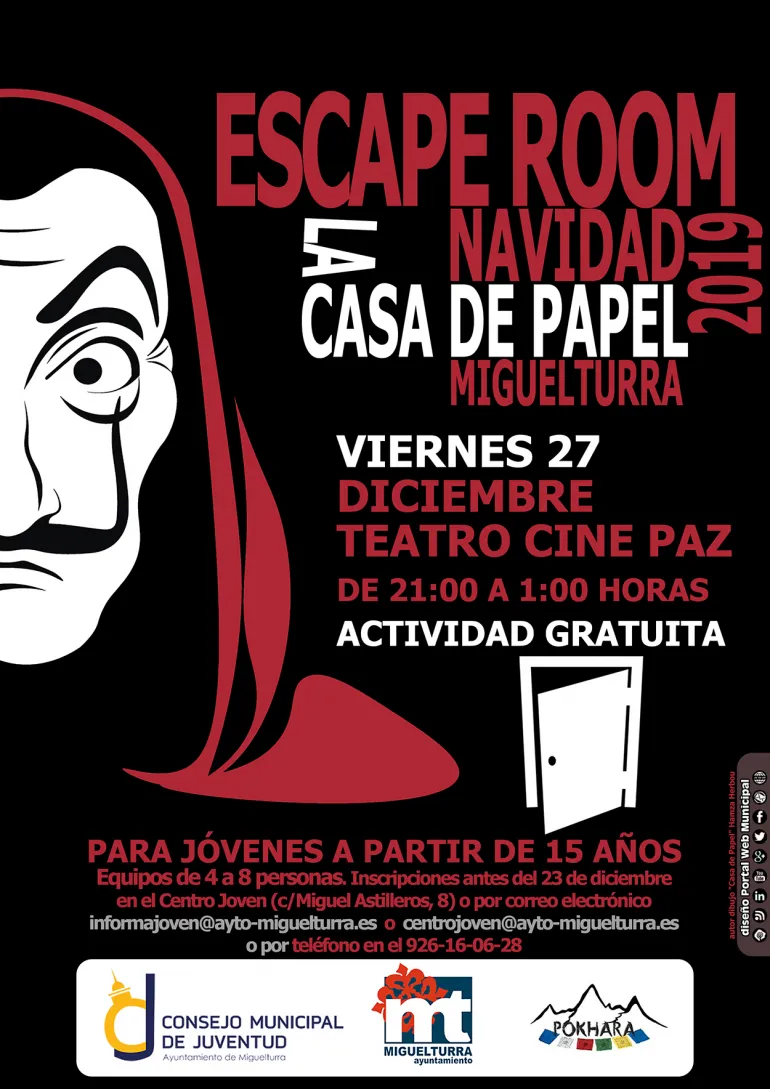 evento imagen cartel escape room La Casa de Papel, diciembre 2019, diseño cartel portal web Ayuntamiento Miguelturra