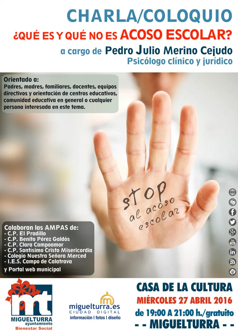 agenda imagen del cartel anunciador de la charla coloquio sobre acoso escolar, abril 2016