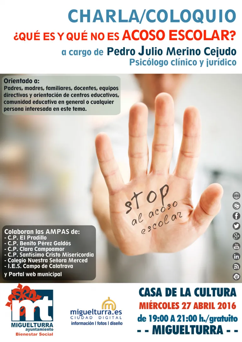 imagen cartel anunciador de la charla coloquio sobre acoso escolar, abril 2016