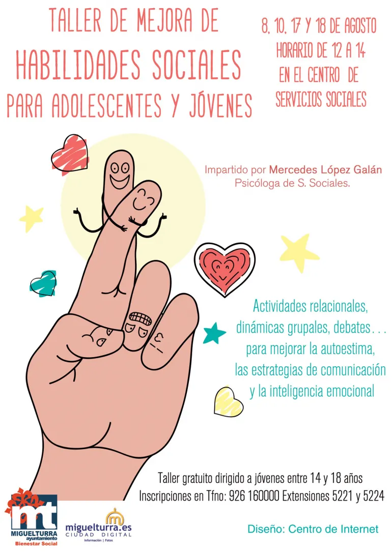 imagen del cartel de talleres de habilidades sociales, agosto 2016, diseño cartel Centro de Internet