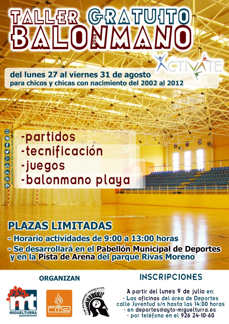 imagen cartel anunciador del taller de balonmano verano 2018 Miguelturra, diseño cartel portal web www.miguelturra.es