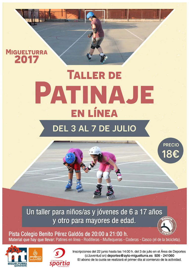 imagen del cartel de taller de patinaje en línea, julio 2017