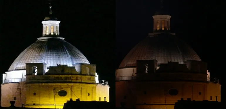 imagen del antes y después de la Torre del Cristo en la Hora del Planeta 2016