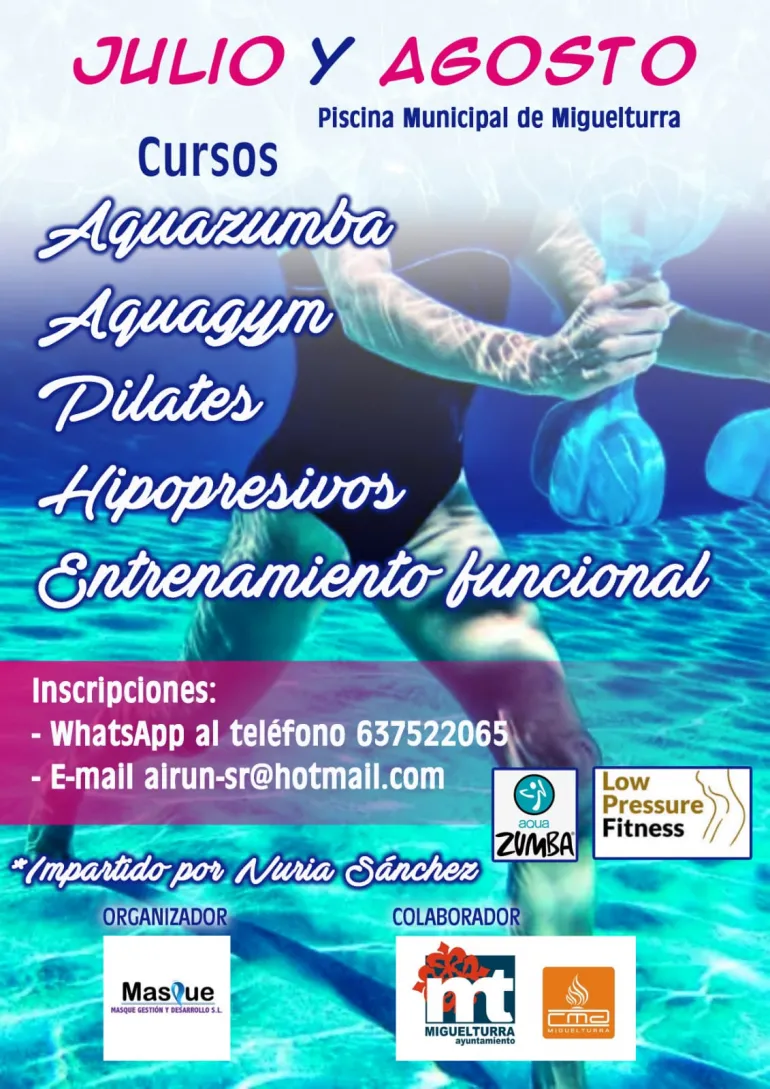 imagen cartel de los cursos que se darán en la piscina municipal, verano 2021 Miguelturra