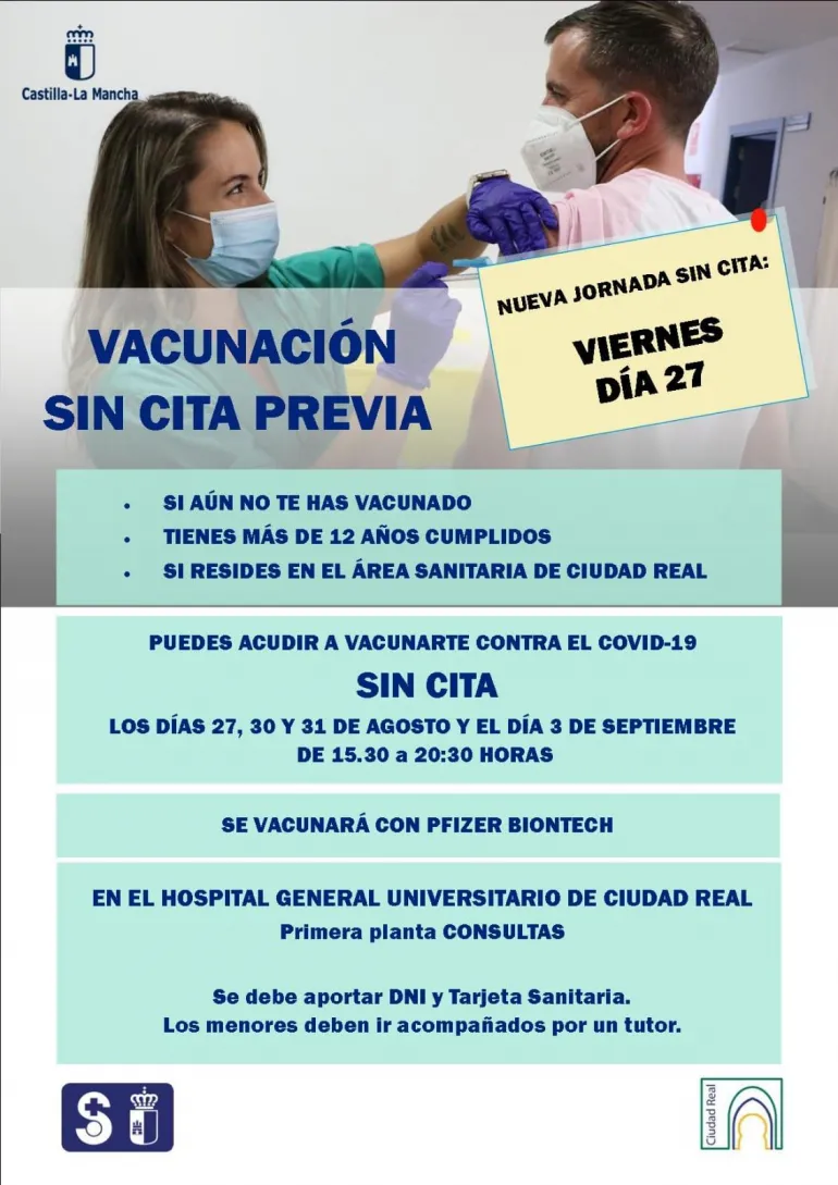 imagen del cartel vacunacion sin cita previa 27 agosto, Miguelturra 2021.