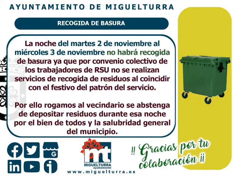 imagen anuncio sobre la no recogida de basura el 3 de noviembre de 2021