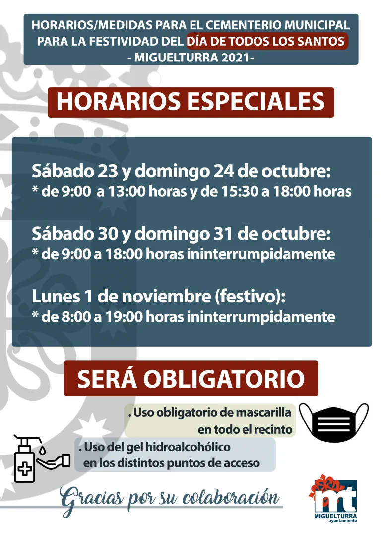 imagen cartel alusivo a los horarios del Día de Todos los Santos en Miguelturra 2021