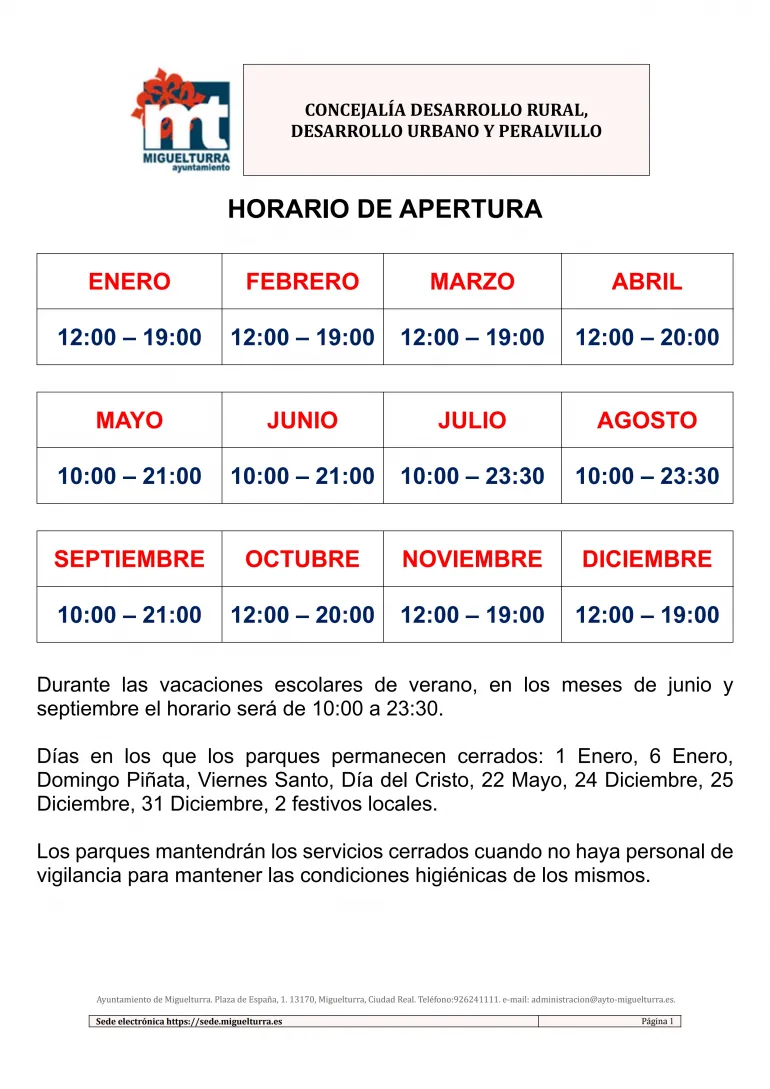 imagen cartel horarios definitivos apertura parques infantiles vallados en Miguelturra