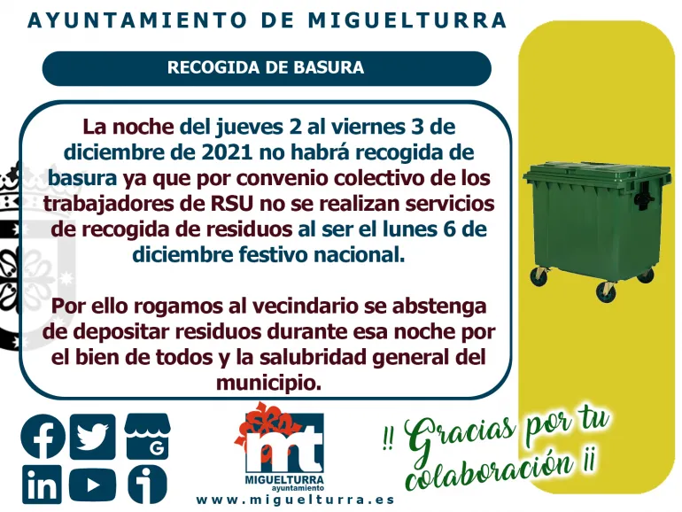 La noche del jueves 2 al viernes 3 de diciembre no habrá recogida de basura 