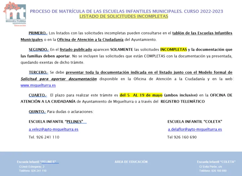 información escuelas infantiles, 3 mayo de 2022