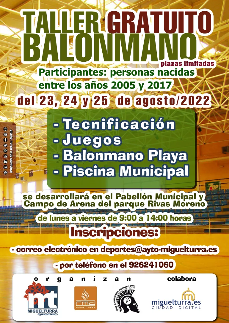 curso taller de balonmano, agosto 2022, diseño portal web www.miguelturra.es