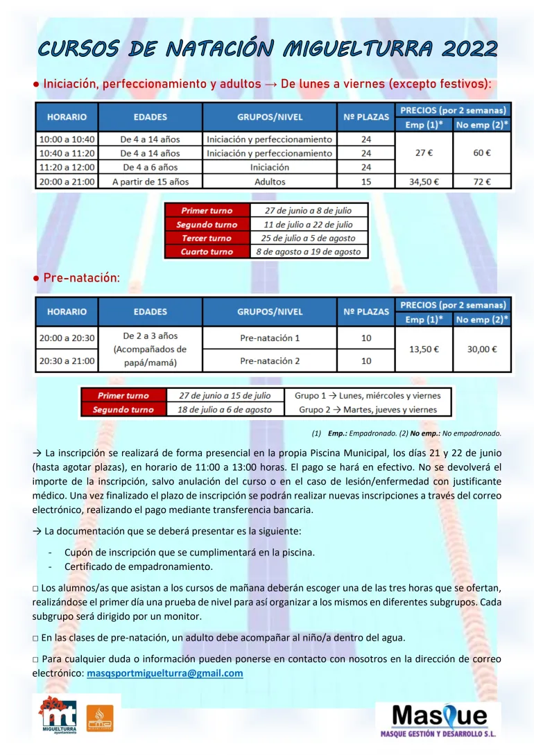 cursos natación Piscina Verano 2022