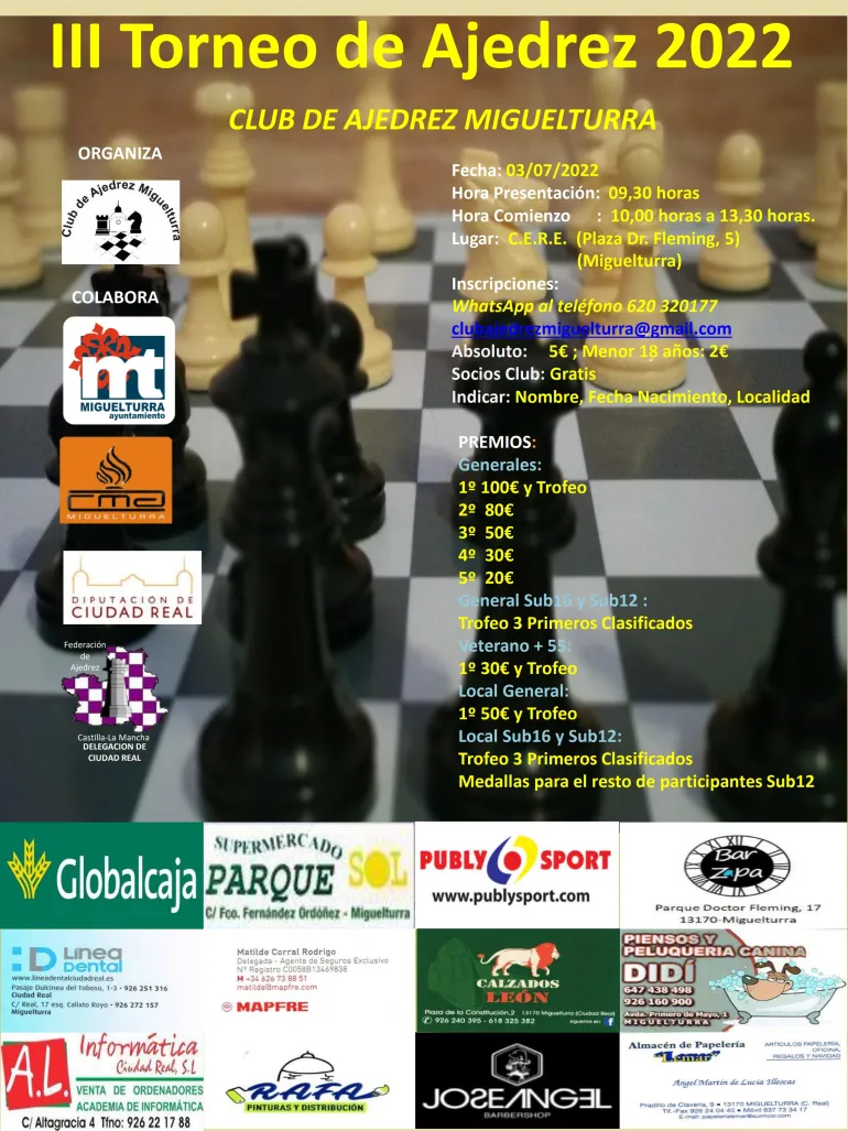 imagen cartel Torneo Ajedrez Miguelturra, julio 2022